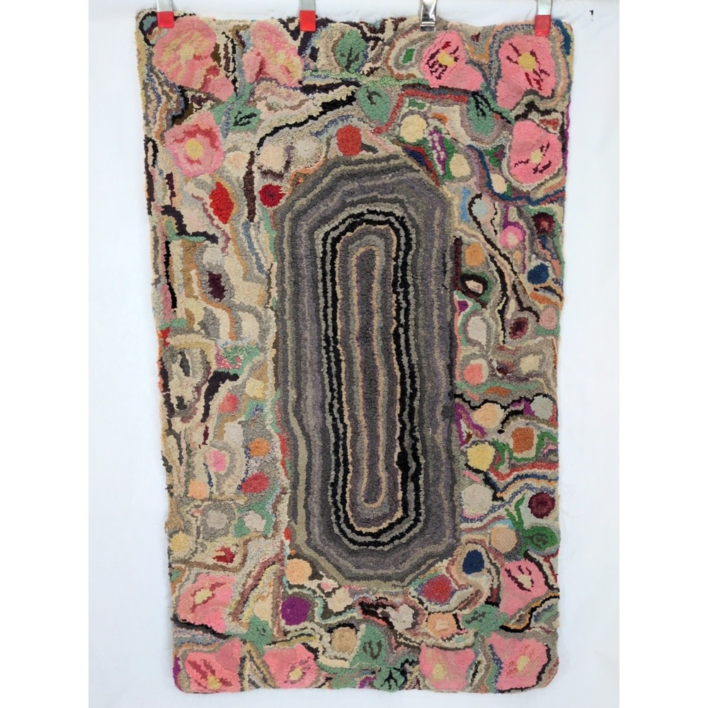 VTG Antique Hand Hooked Rug Wool Crazy Unique Folk Art  Handmade Hit Or Miss